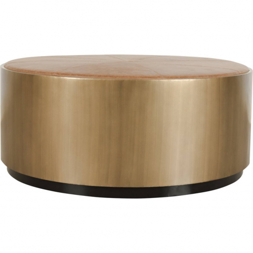 Evan Coffee Table with Casters in Chestnut Brown Top Grain Leather & Brass