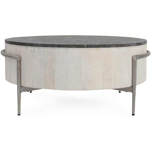 Honor 42" Round Coffee Table in Gray Laminate, White Washed Wood & Nickel