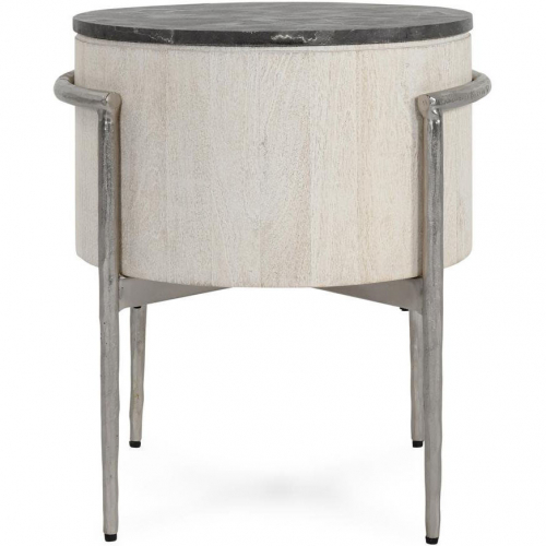 Honor Round End Table in Gray Laminate, White Washed Wood & Nickel