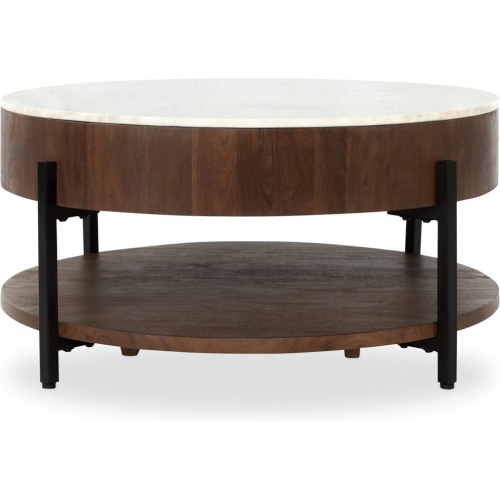 Lorna 38" Round Coffee Table in Marble, Acacia Wood & Iron