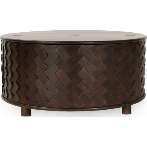 Shira 40" Round Storage Coffee Table in Geometric Kona Brown Mango Wood