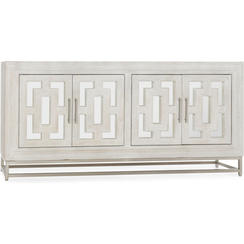 Adina 4 Door Buffet Sideboard Cabinet in White Washed Wood, Mirror & Iron