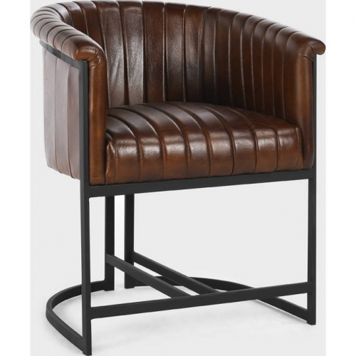 Seville Dining Arm Chair in Brown Top Grain Leather & Iron