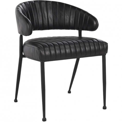 Umbria Dining Chair in Channel Stitched Jet Black Top Grain Leather & Iron