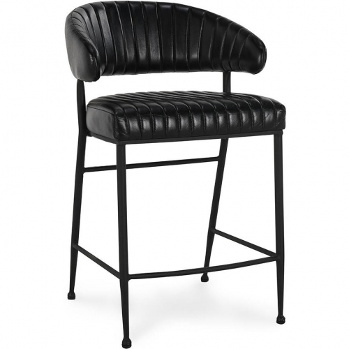 Umbria 26" Counter Stool in Channel Stitched Jet Black Top Grain Leather & Iron