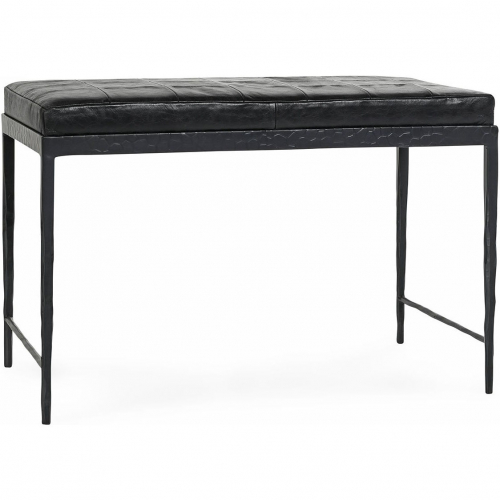 Malo 28" Bench in Onyx Black Top Grain Leather & Hammered Bronze Iron