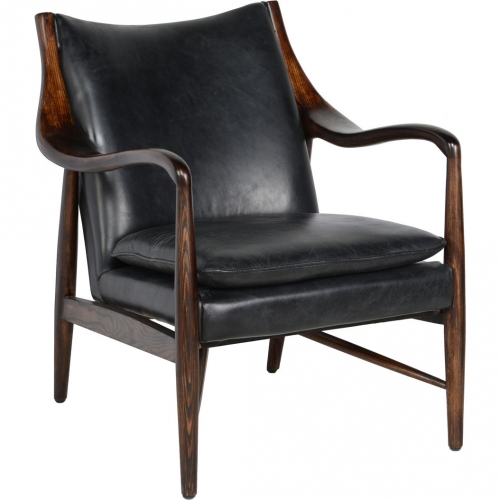 Kiannah Club Chair in Jet Black Top Grain Leather & Ash Wood