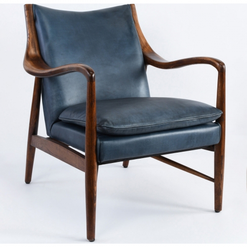 Kiannah Club Chair in Ocean Blue Top Grain Leather & Ash Wood