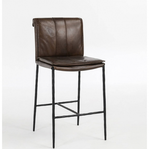 Mayer Counter Stool in Brown Top Grain Leather & Hammered Iron