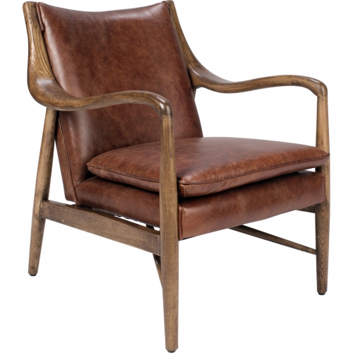 Kiannah Club Chair in Barrel Brown Top Grain Leather & Ash Wood