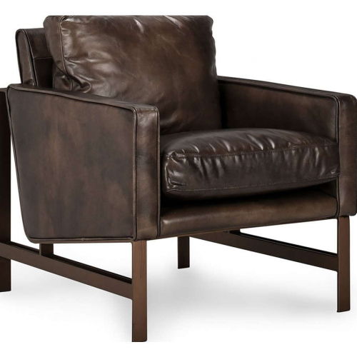 Chazzie Club Chair in Brown Top Grain Leather & Iron