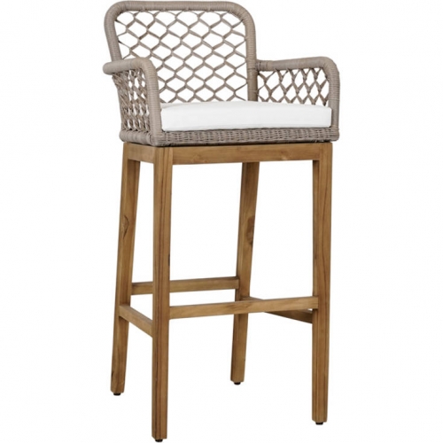 Paulo Bar Stool in Grey Poly Rattan, Cream Fabric & Wood