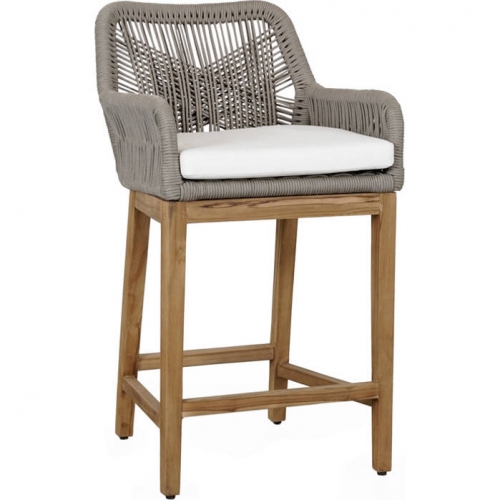 Marley Outdoor Counter Stool in Wood, Gray Weave & Fabric