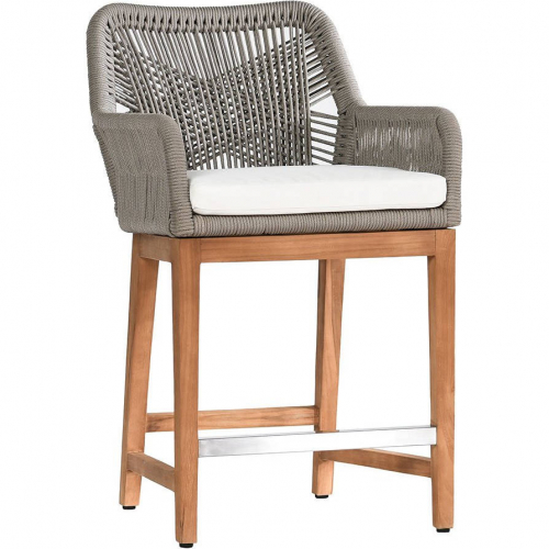 Marley Outdoor Counter Stool in Gray PE Rope, Neutral Fabric & Teak