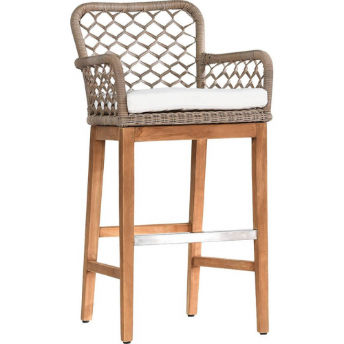 Paulo Outdoor Bar Stool in Gray PE Rattan, Wood & Neutral Fabric