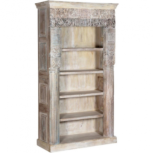 Alta Tall Carved Panel Bookcase in Bleached White Mixed Reclaimed Wood