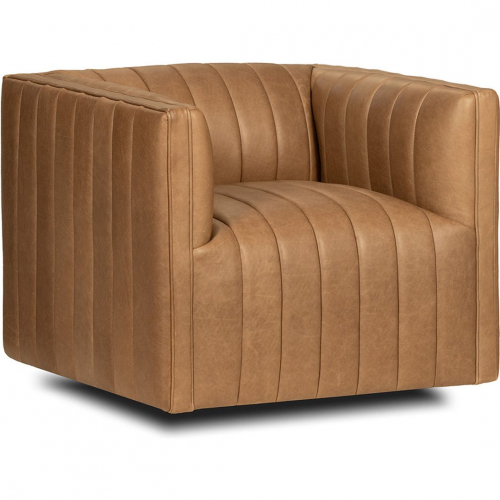 Aiden Swivel Accent Chair in Brown Channel Tufted Top Grain Leather