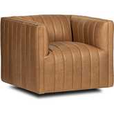 Aiden Swivel Accent Chair in Brown Channel Tufted Top Grain Leather