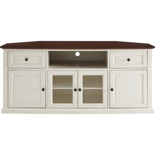 Shelby 60" Corner TV Stand in White & Mahogany