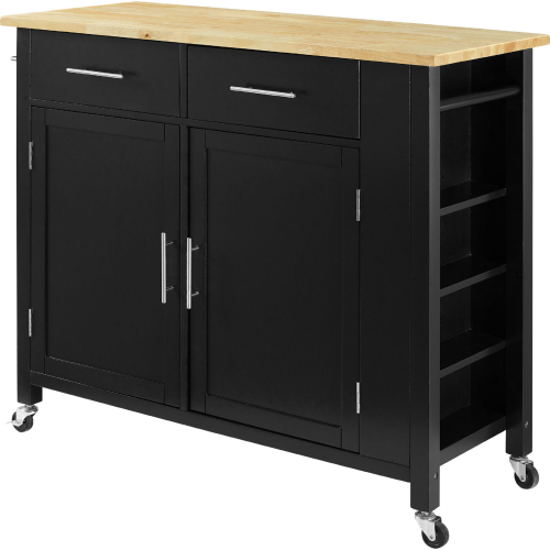 Savannah Kitchen Island Cart in Black w/ Natural Wood Top