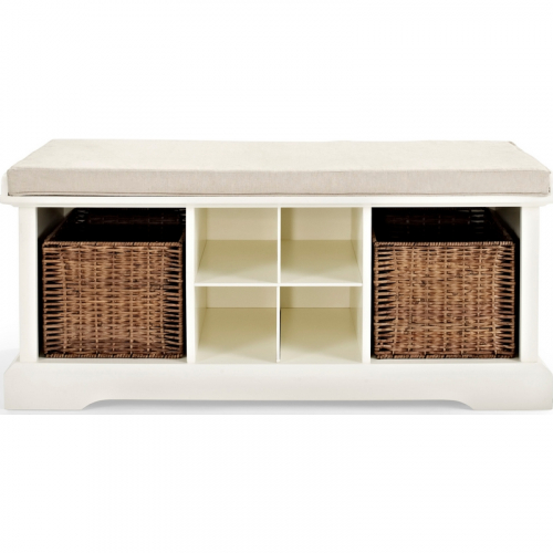 Brennan Entryway Storage Bench in White Finish & Tan Linen