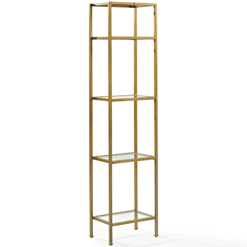 Aimee Narrow Etagere Bookcase in Antique Gold Finish & Tempered Glass