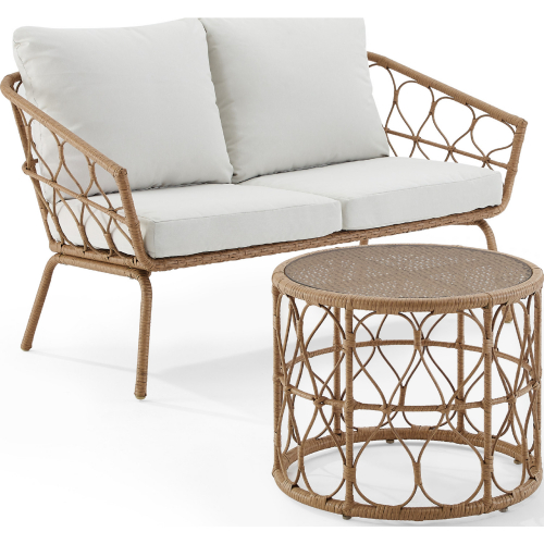 Juniper 2 Piece Outdoor Loveseat & Coffee Table Set in Wicker & Cream Fabric