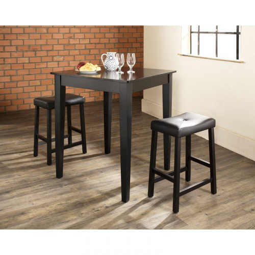 3 Piece Pub Dining Set w/ Saddle Stools in Black & Black Leatherette