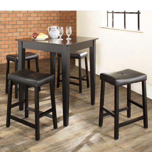 5 Piece Pub Dining Set w/ Saddle Stools in Black & Black Leatherette