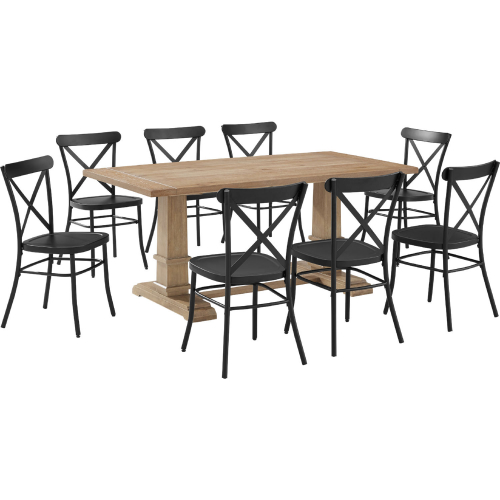 Joanna 9 Piece Dining Set in Brown w/ Camille Chairs in Black Metal