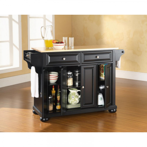 Alexandria Kitchen Island in Black Finish w/ Natural Wood Top