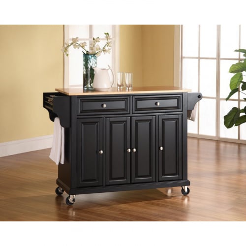 Kitchen Cart Island in Black Finish w/ Natural Wood Top