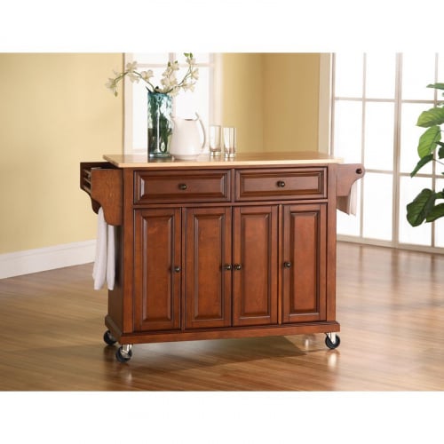 Kitchen Cart Island in Classic Cherry Finish w/ Natural Wood Top