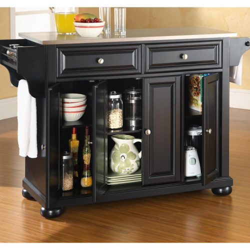 Alexandria Kitchen Island in Black Finish w/ Stainless Steel Top