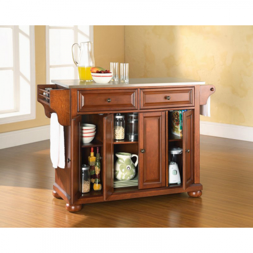 Alexandria Kitchen Island in Classic Cherry Finish w/ Stainless Steel Top