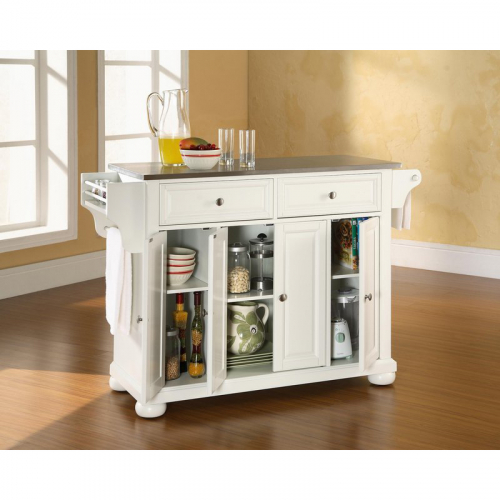 Alexandria Kitchen Island in White Finish w/ Stainless Steel Top