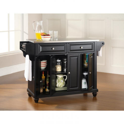 Cambridge Kitchen Island in Black Finish with Stainless Steel Top