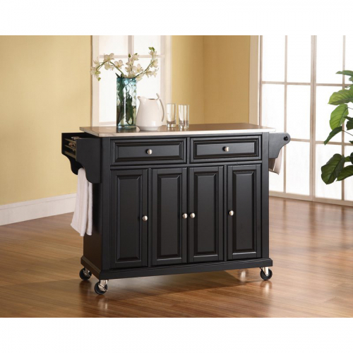 Kitchen Cart Island in Black Finish w/ Stainless Steel Top