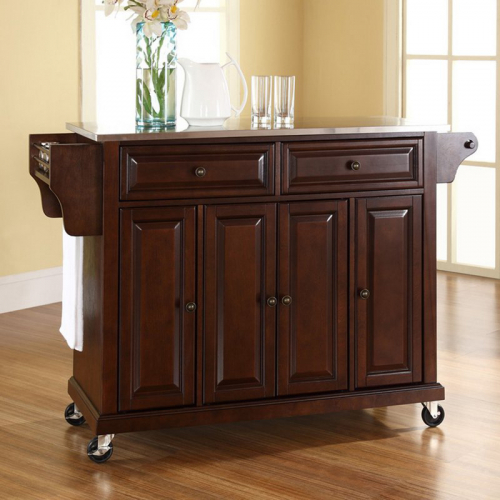 Kitchen Cart Island in Vintage Mahogany Finish with Stainless Steel Top