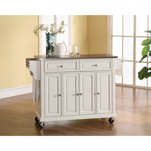 Kitchen Cart Island in White Finish w/ Stainless Steel Top