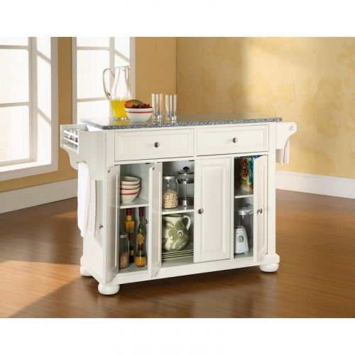 Alexandria Kitchen Island in White Finish w/ Salt & Pepper Granite Top