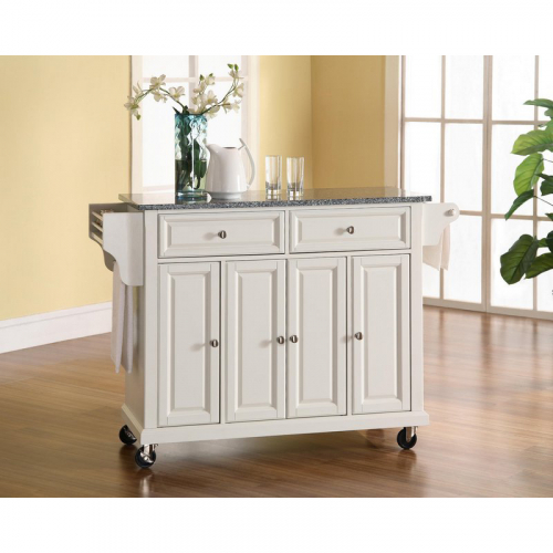 Kitchen Cart Island in White Finish w/ Salt & Pepper Granite Top