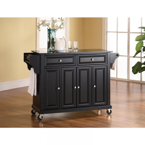 Kitchen Cart Island in Black Finish with Solid Black Granite Top