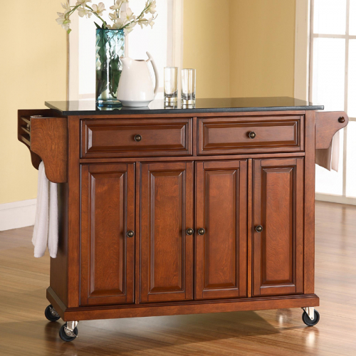 Kitchen Cart Island in Classic Cherry Finish with Solid Black Granite Top