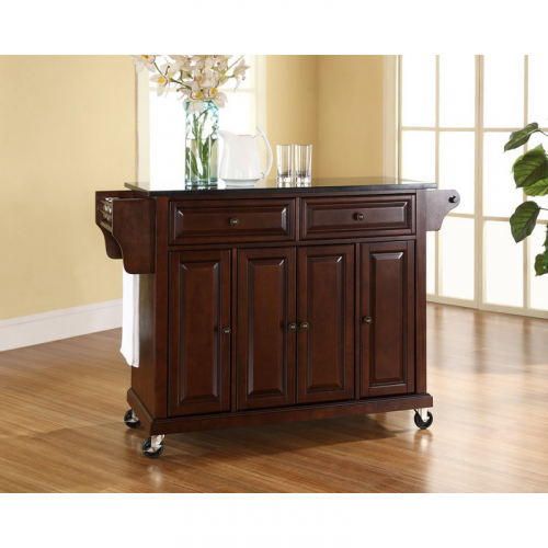 Kitchen Cart Island in Vintage Mahogany Finish with Solid Black Granite Top