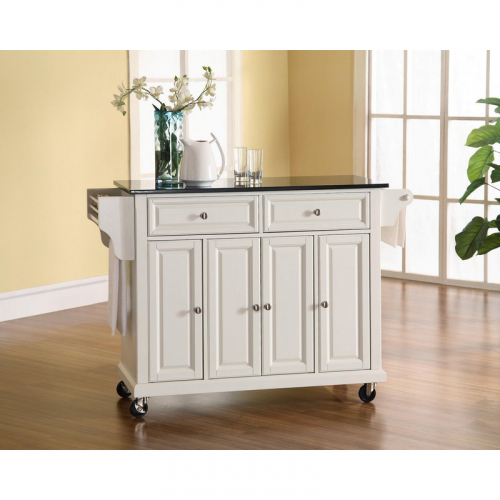 Kitchen Cart Island in White Finish with Solid Black Granite Top