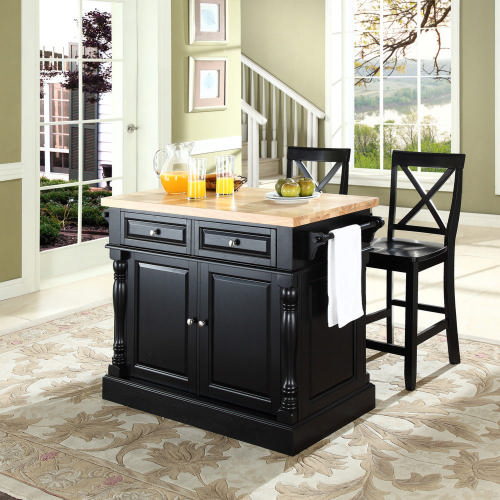 Oxford Kitchen Island Set in Black & Butcher Block w/ Black X Back Stools