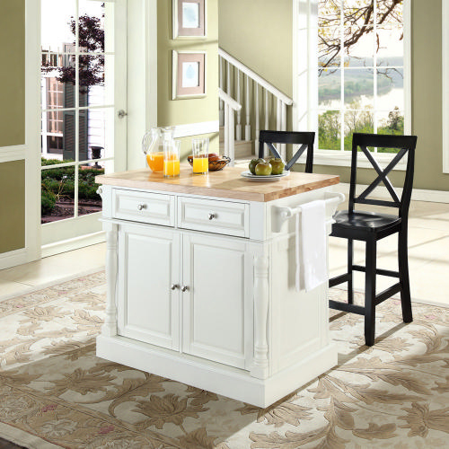 Oxford Kitchen Island Set in White & Butcher Block w/ Black X Back Stools