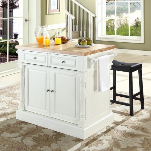 Oxford Kitchen Island Set in White & Butcher Block & Black Leatherette Saddle Stools