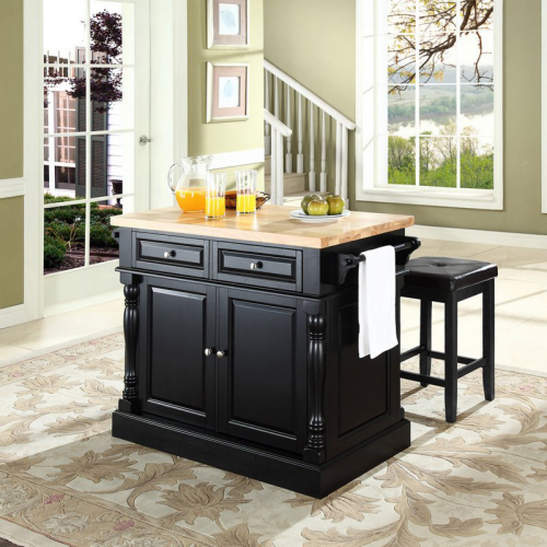 Oxford Kitchen Island Set in Black & Butcher Block & Black Leatherette Stools